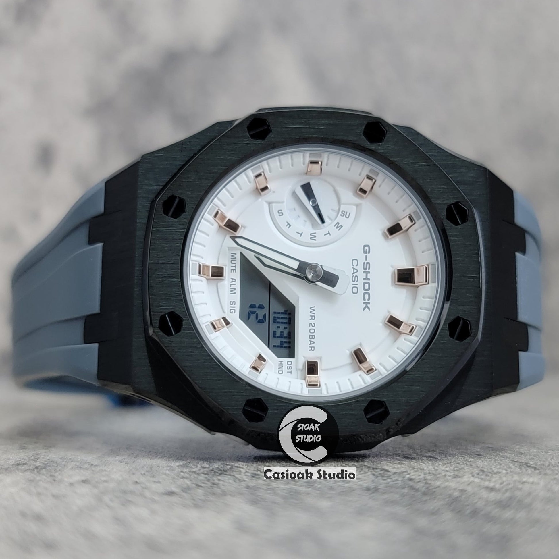 Casioak Mod Watch Black Case Gray Rubber Strap White Rose Gold Time Mark White Dial 42mm- Casioak Mod Casio G-Shock Royal Oak Custom Mens Luxury Watches Ga2100