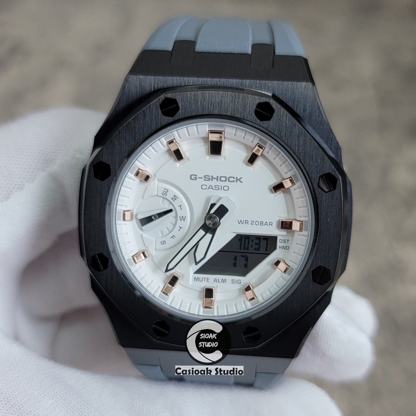 Casioak Mod Watch Black Case Gray Rubber Strap White Rose Gold Time Mark White Dial 42mm- Casioak Mod Casio G-Shock Royal Oak Custom Mens Luxury Watches Ga2100