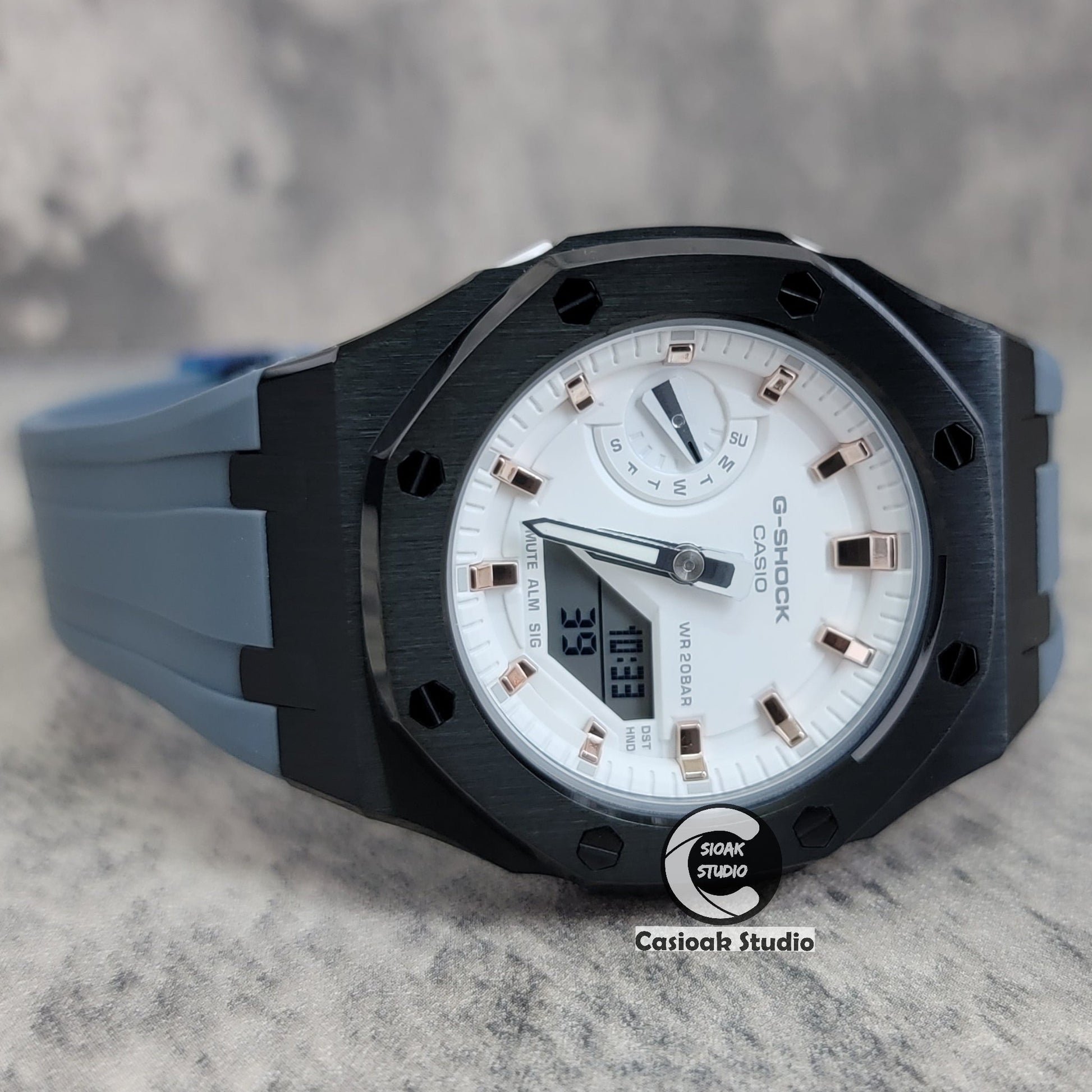 Casioak Mod Watch Black Case Gray Rubber Strap White Rose Gold Time Mark White Dial 42mm- Casioak Mod Casio G-Shock Royal Oak Custom Mens Luxury Watches Ga2100