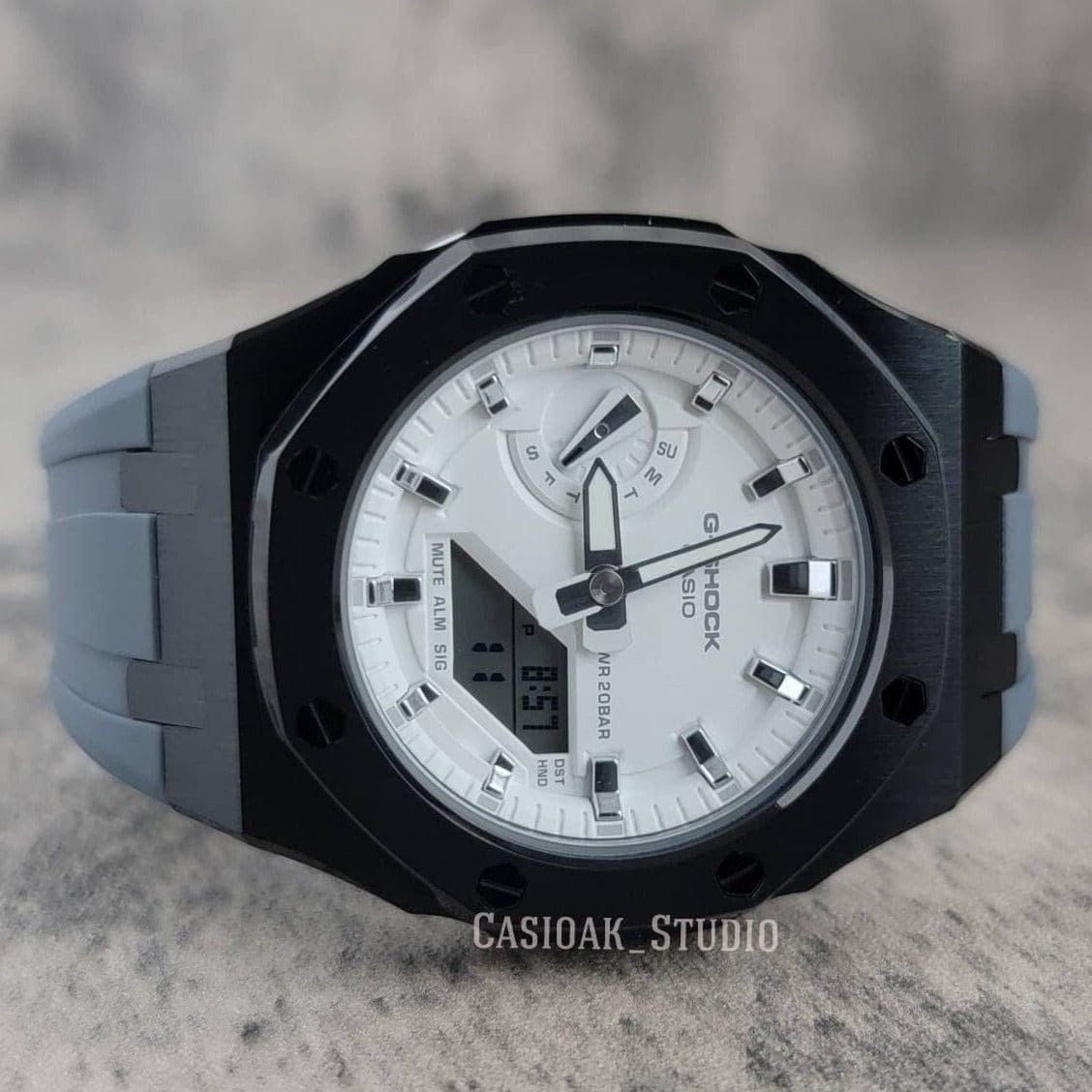 Casioak Mod Watch Black Case Gray Rubber Strap White Silver Time Mark White Dial 42mm- Casioak Mod Casio G-Shock Royal Oak Custom Mens Luxury Watches Ga2100