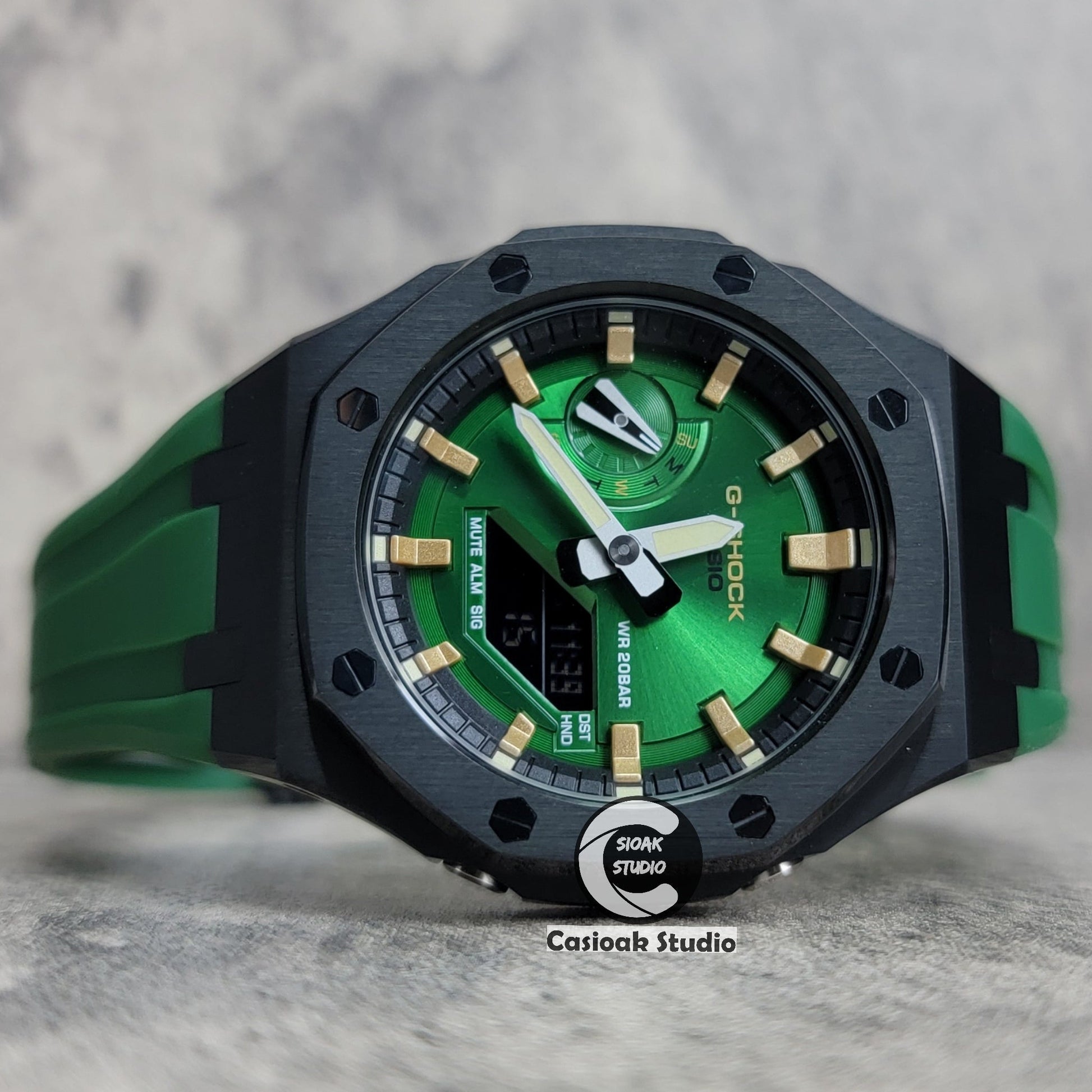 Casioak Mod Watch Black Case Green Rubber Strap Black Gold Time Mark Green Dial 44mm- Casioak Mod Casio G-Shock Royal Oak Custom Mens Luxury Watches Ga2100