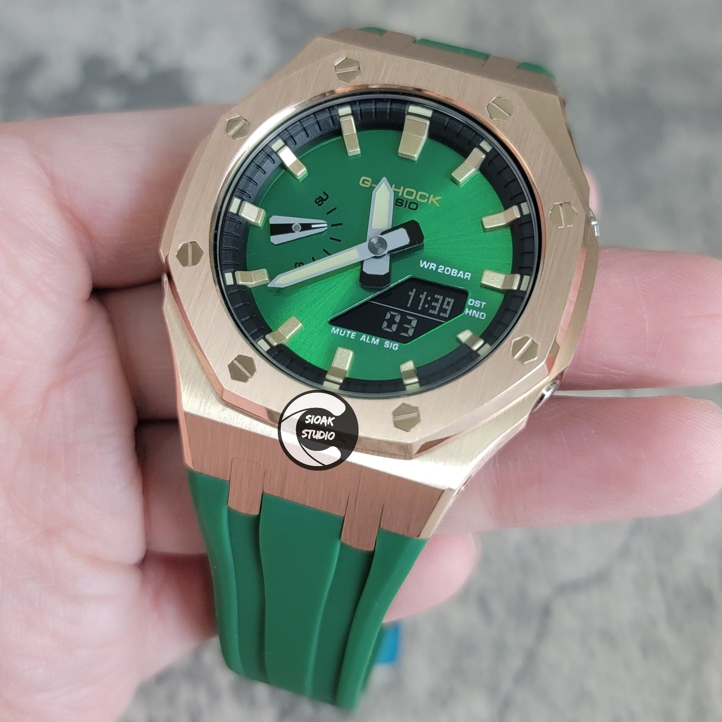 Casioak Mod Watch Black Case Green Rubber Strap Black Gold Time Mark Green Dial 44mm- Casioak Mod Casio G-Shock Royal Oak Custom Mens Luxury Watches Ga2100