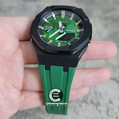 Casioak Mod Watch Black Case Green Rubber Strap Black Gold Time Mark Green Dial 44mm- Casioak Mod Casio G-Shock Royal Oak Custom Mens Luxury Watches Ga2100