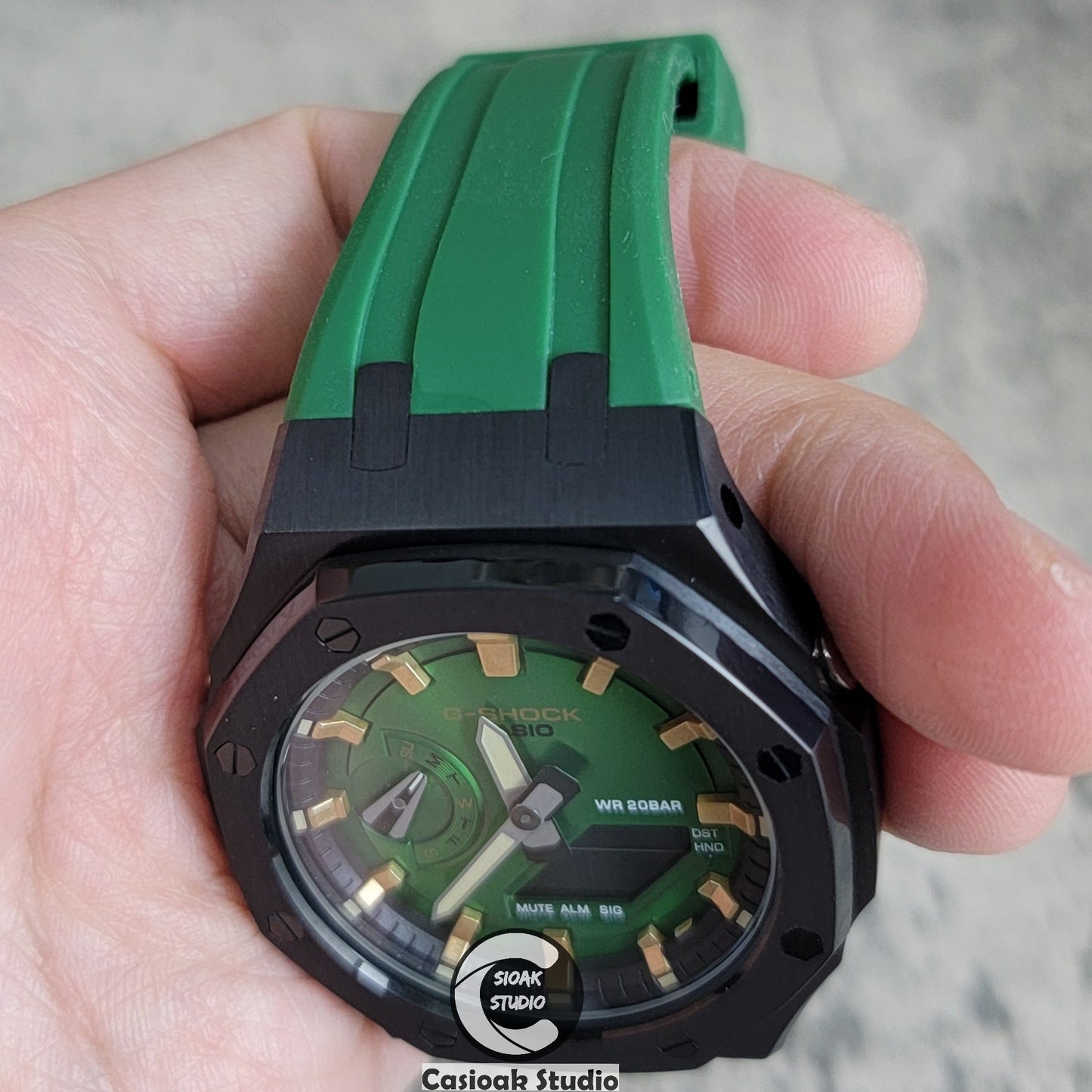 Casioak Mod Watch Black Case Green Rubber Strap Black Gold Time Mark Green Dial 44mm- Casioak Mod Casio G-Shock Royal Oak Custom Mens Luxury Watches Ga2100