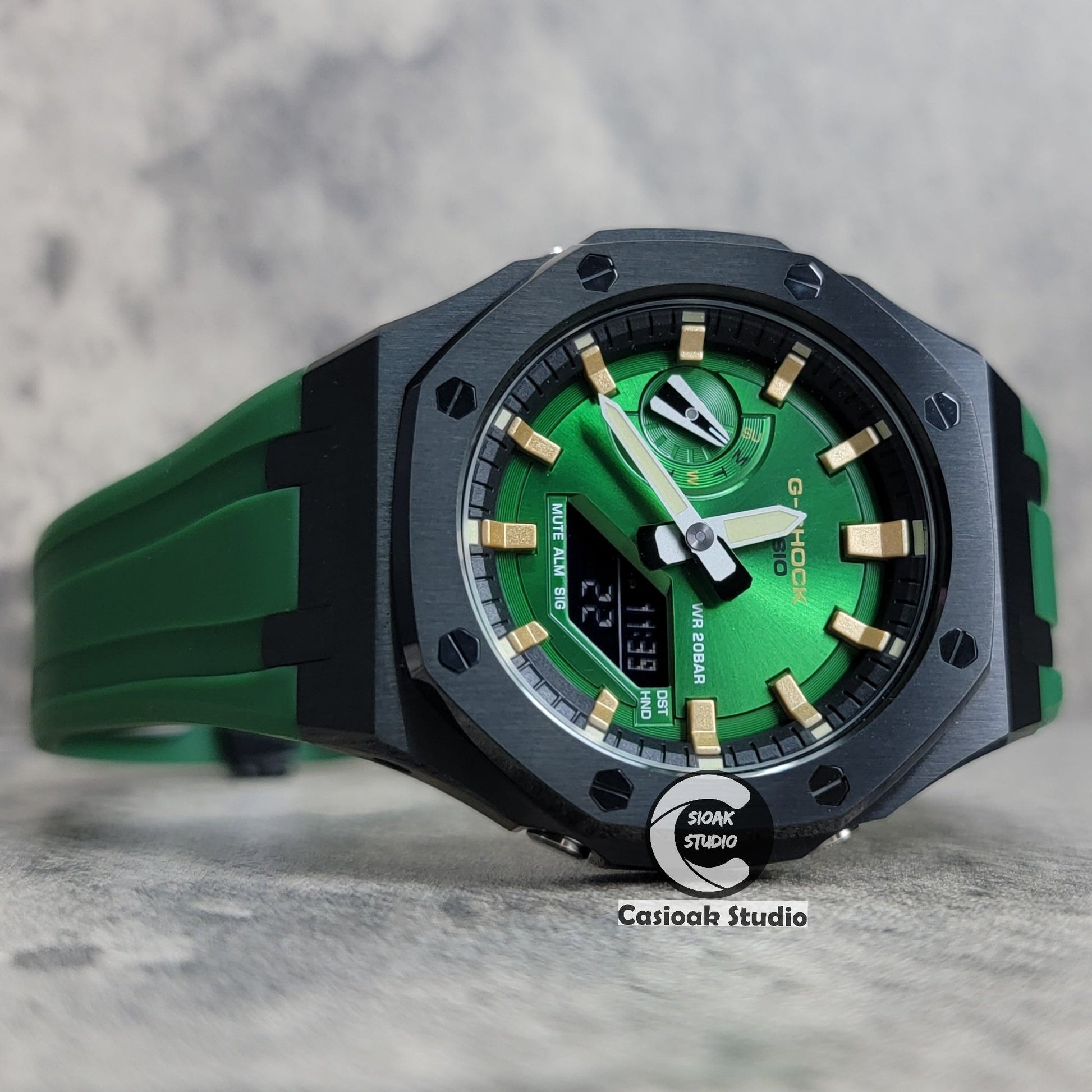 Casioak Mod Watch Black Case Green Rubber Strap Black Gold Time Mark Green Dial 44mm- Casioak Mod Casio G-Shock Royal Oak Custom Mens Luxury Watches Ga2100