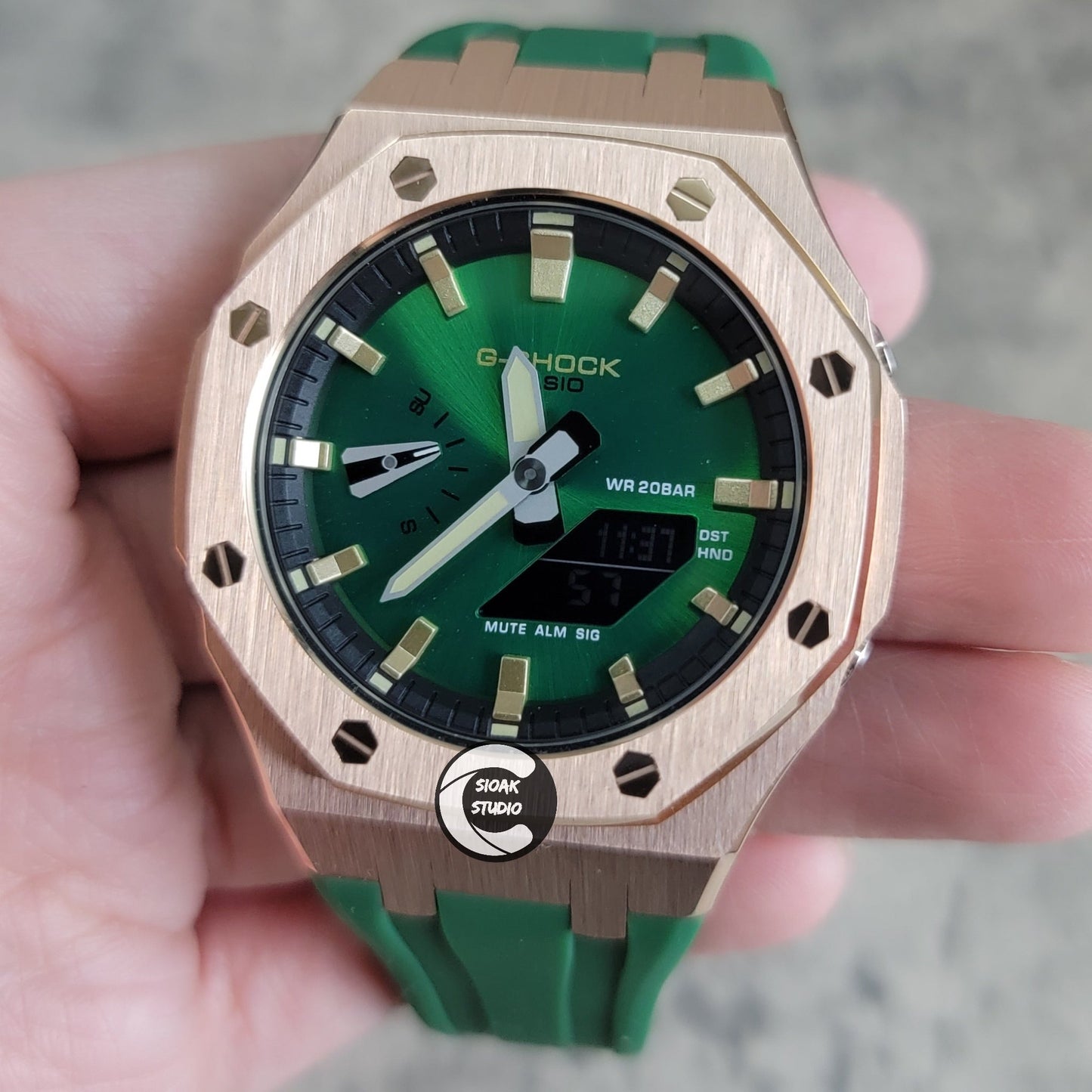 Casioak Mod Watch Black Case Green Rubber Strap Black Gold Time Mark Green Dial 44mm- Casioak Mod Casio G-Shock Royal Oak Custom Mens Luxury Watches Ga2100