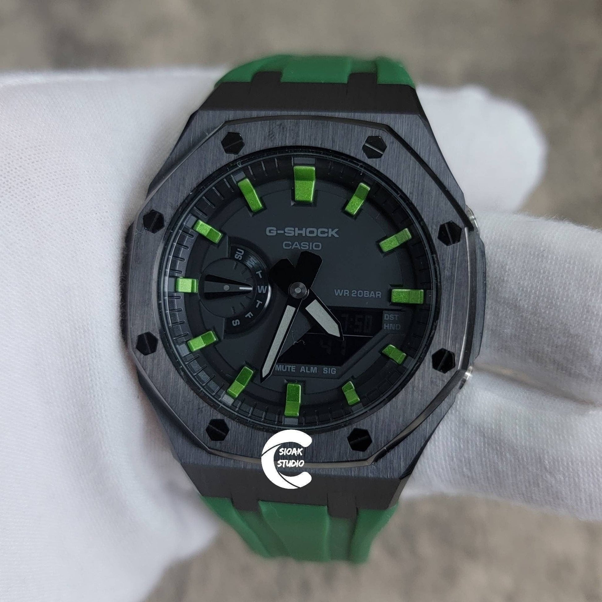 Casioak Mod Watch Black Case Green Rubber Strap Black Green Time Mark Black Dial 44mm- Casioak Mod Casio G-Shock Royal Oak Custom Mens Luxury Watches Ga2100