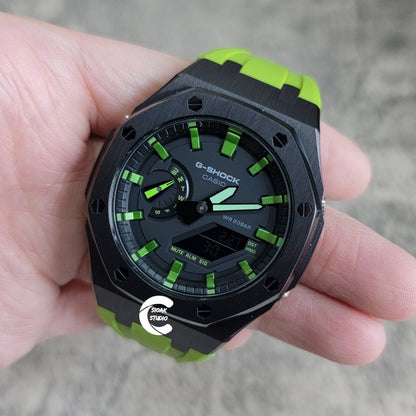 Casioak Mod Watch Black Case Green Rubber Strap Black Green Time Mark Black Dial 44mm- Casioak Mod Casio G-Shock Royal Oak Custom Mens Luxury Watches Ga2100