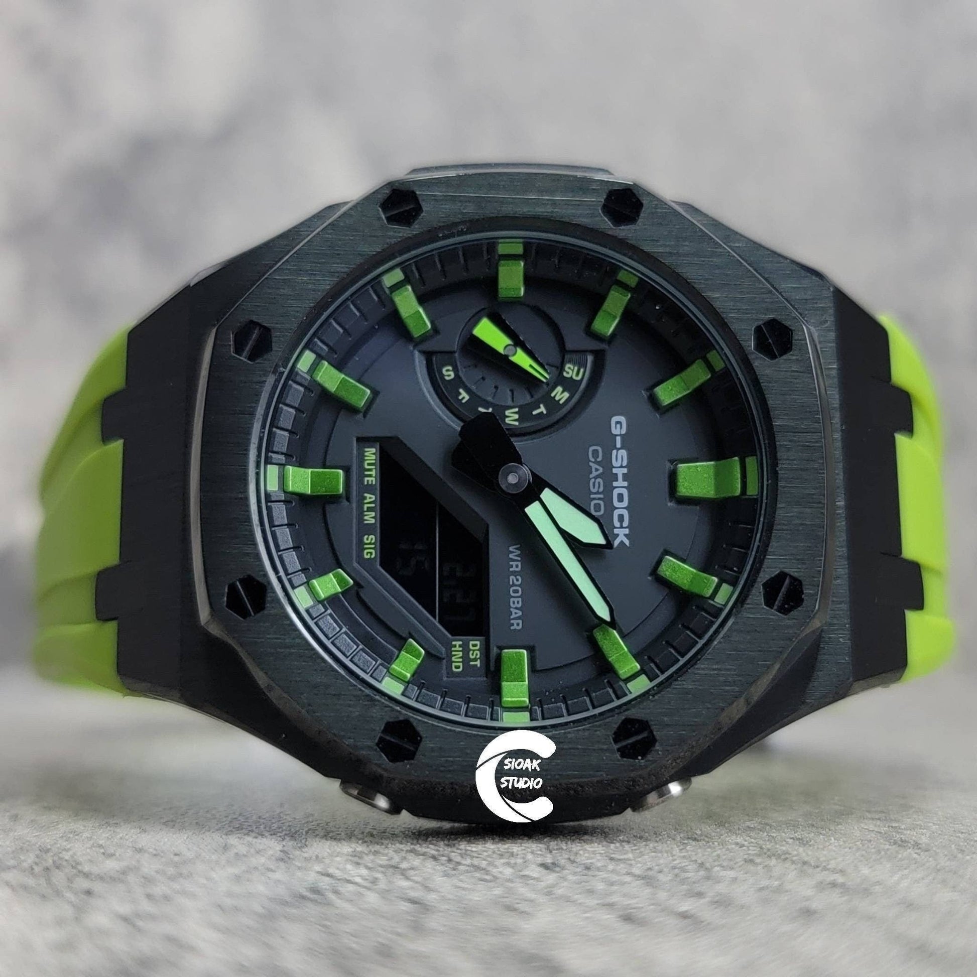 Casioak Mod Watch Black Case Green Rubber Strap Black Green Time Mark Black Dial 44mm- Casioak Mod Casio G-Shock Royal Oak Custom Mens Luxury Watches Ga2100