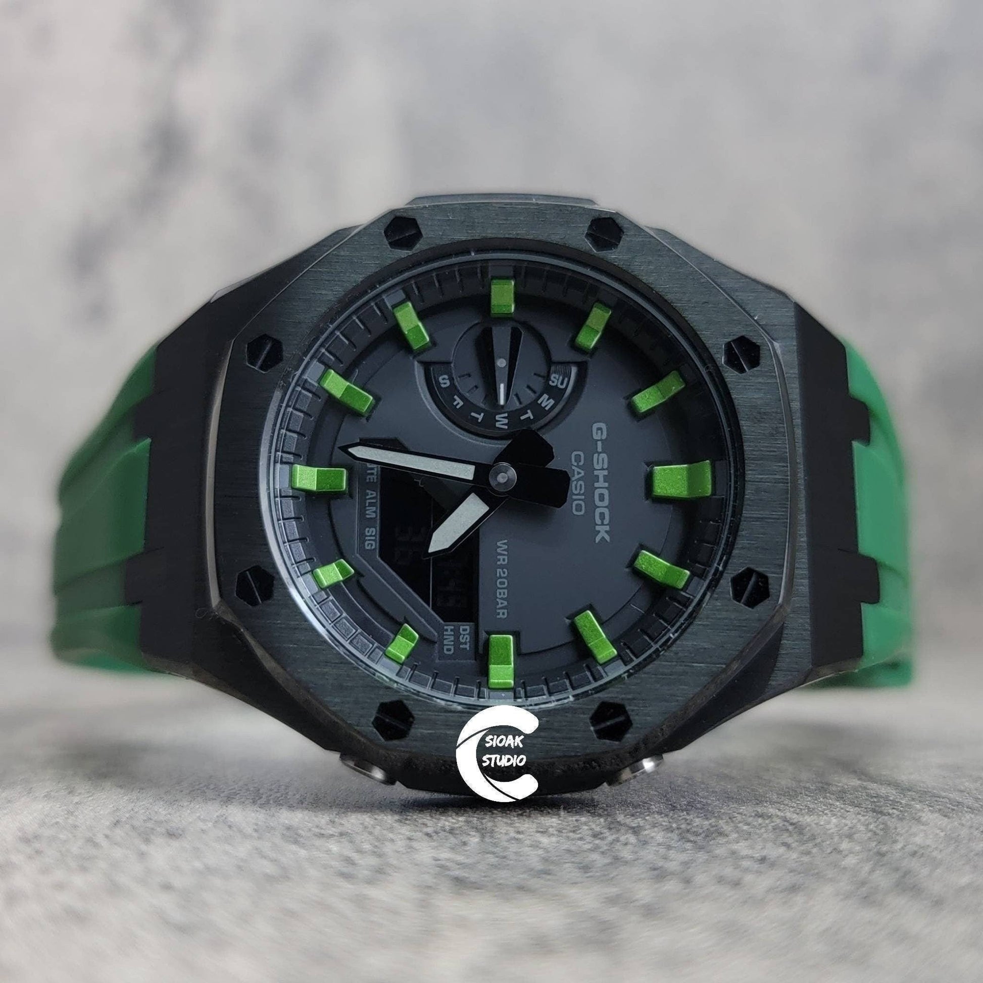 Casioak Mod Watch Black Case Green Rubber Strap Black Green Time Mark Black Dial 44mm- Casioak Mod Casio G-Shock Royal Oak Custom Mens Luxury Watches Ga2100