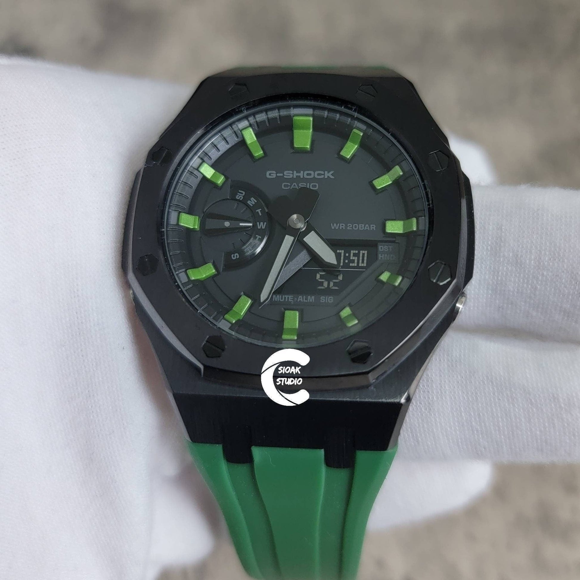 Casioak Mod Watch Black Case Green Rubber Strap Black Green Time Mark Black Dial 44mm- Casioak Mod Casio G-Shock Royal Oak Custom Mens Luxury Watches Ga2100