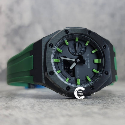 Casioak Mod Watch Black Case Green Rubber Strap Black Green Time Mark Black Dial 44mm- Casioak Mod Casio G-Shock Royal Oak Custom Mens Luxury Watches Ga2100