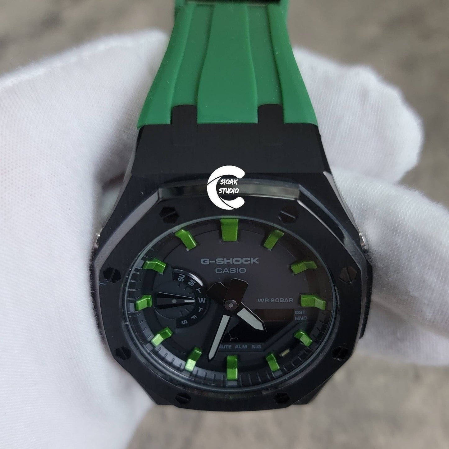 Casioak Mod Watch Black Case Green Rubber Strap Black Green Time Mark Black Dial 44mm- Casioak Mod Casio G-Shock Royal Oak Custom Mens Luxury Watches Ga2100