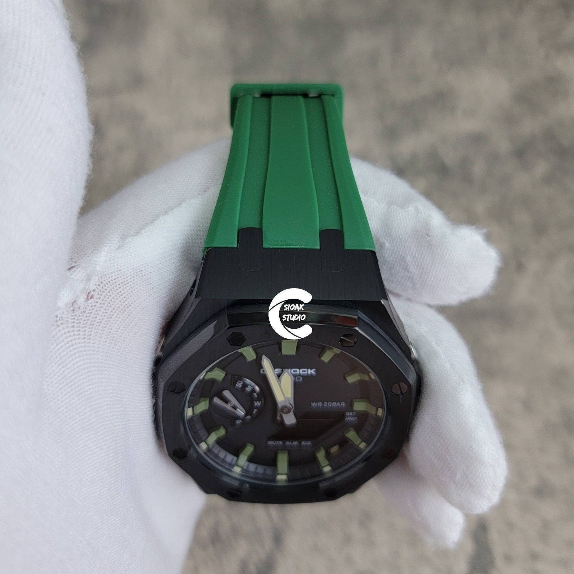 Casioak Mod Watch Black Case Green Rubber Strap Black Green Time Mark Black Dial 44mm- Casioak Mod Casio G-Shock Royal Oak Custom Mens Luxury Watches Ga2100