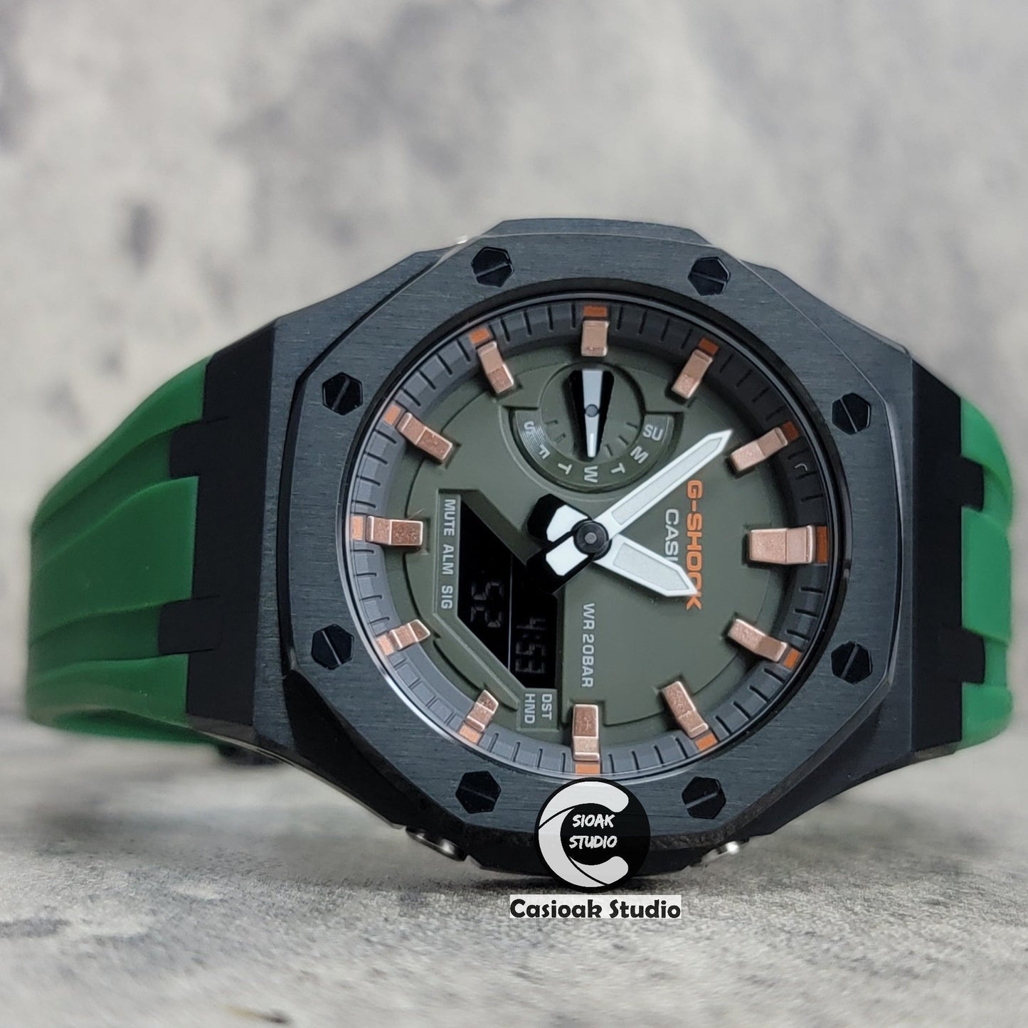 Casioak Mod Watch Black Case Green Rubber Strap Black Rose Gold Time Mark Olive Green Dial 44mm- Casioak Mod Casio G-Shock Royal Oak Custom Mens Luxury Watches Ga2100