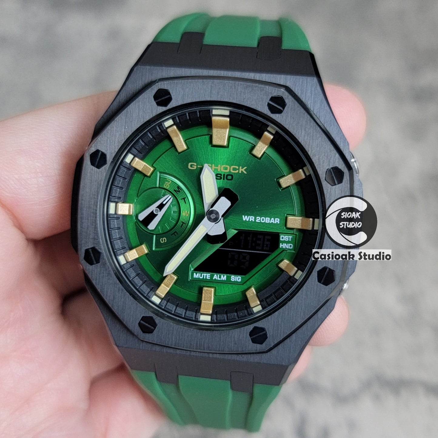 Casioak Mod Watch Black Case Green Rubber Strap Black Silver Time Mark Green Dial 44mm- Casioak Mod Casio G-Shock Royal Oak Custom Mens Luxury Watches Ga2100