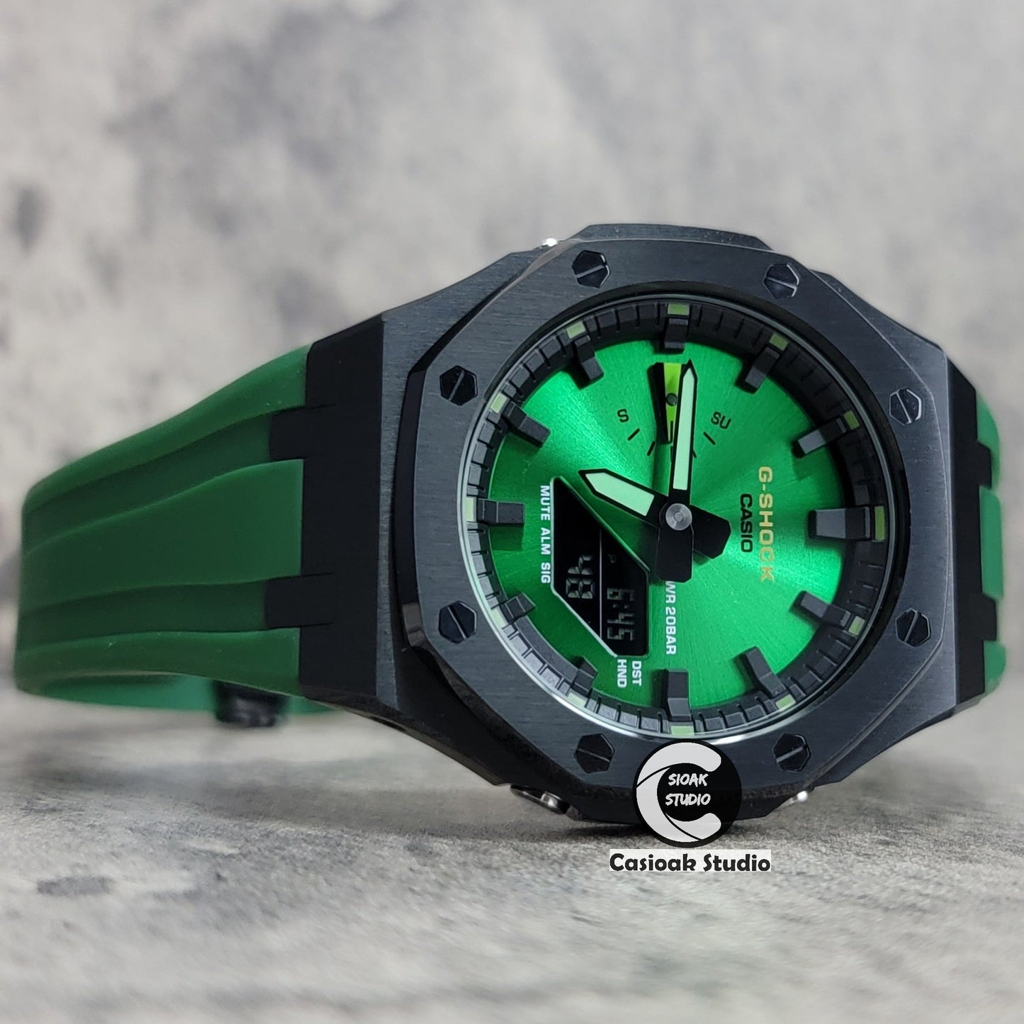 Casioak Mod Watch Black Case Green Rubber Strap Black Time Mark Green Dial 44mm- Casioak Mod Casio G-Shock Royal Oak Custom Mens Luxury Watches Ga2100