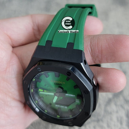 Casioak Mod Watch Black Case Green Rubber Strap Black Time Mark Green Dial 44mm- Casioak Mod Casio G-Shock Royal Oak Custom Mens Luxury Watches Ga2100