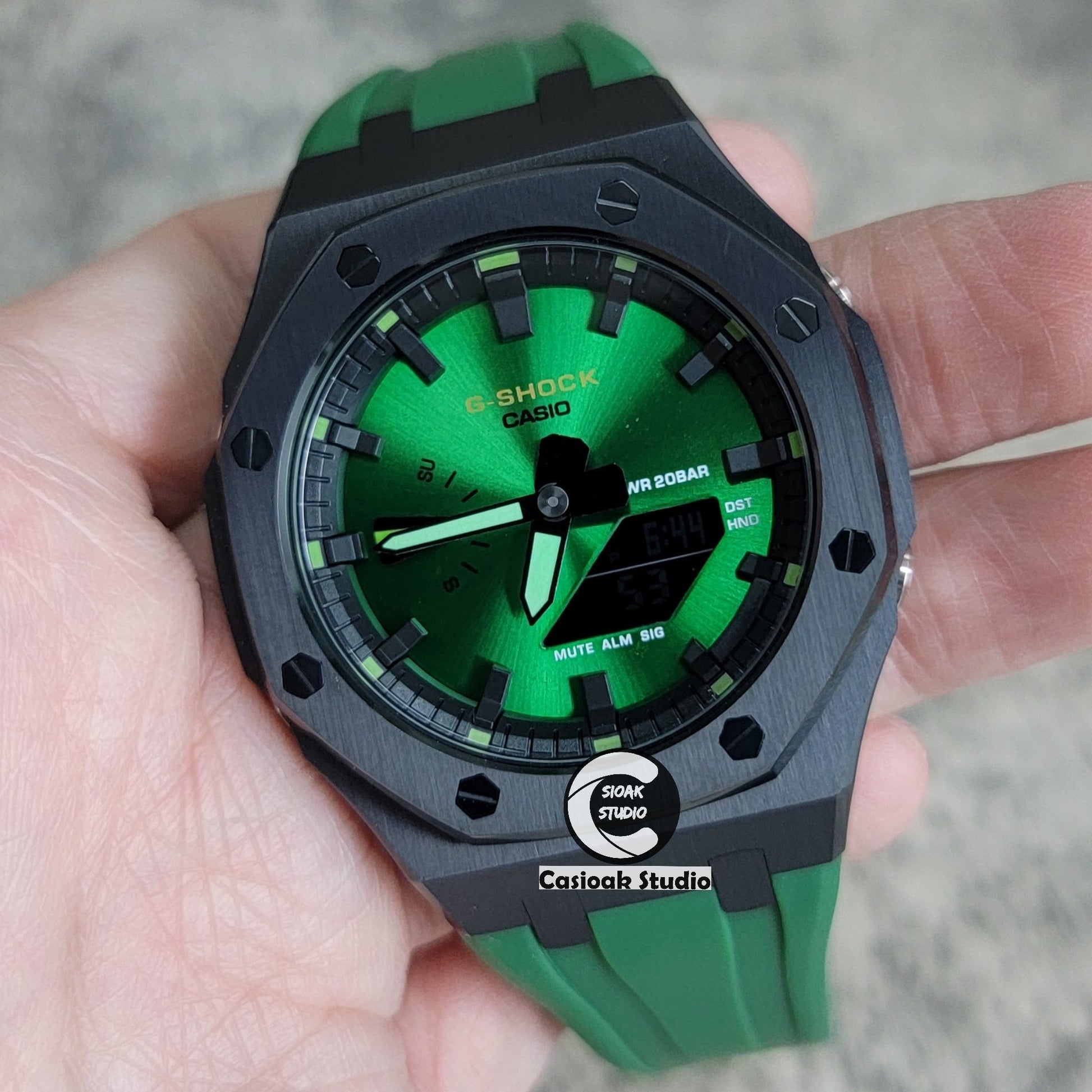 Casioak Mod Watch Black Case Green Rubber Strap Black Time Mark Green Dial 44mm- Casioak Mod Casio G-Shock Royal Oak Custom Mens Luxury Watches Ga2100