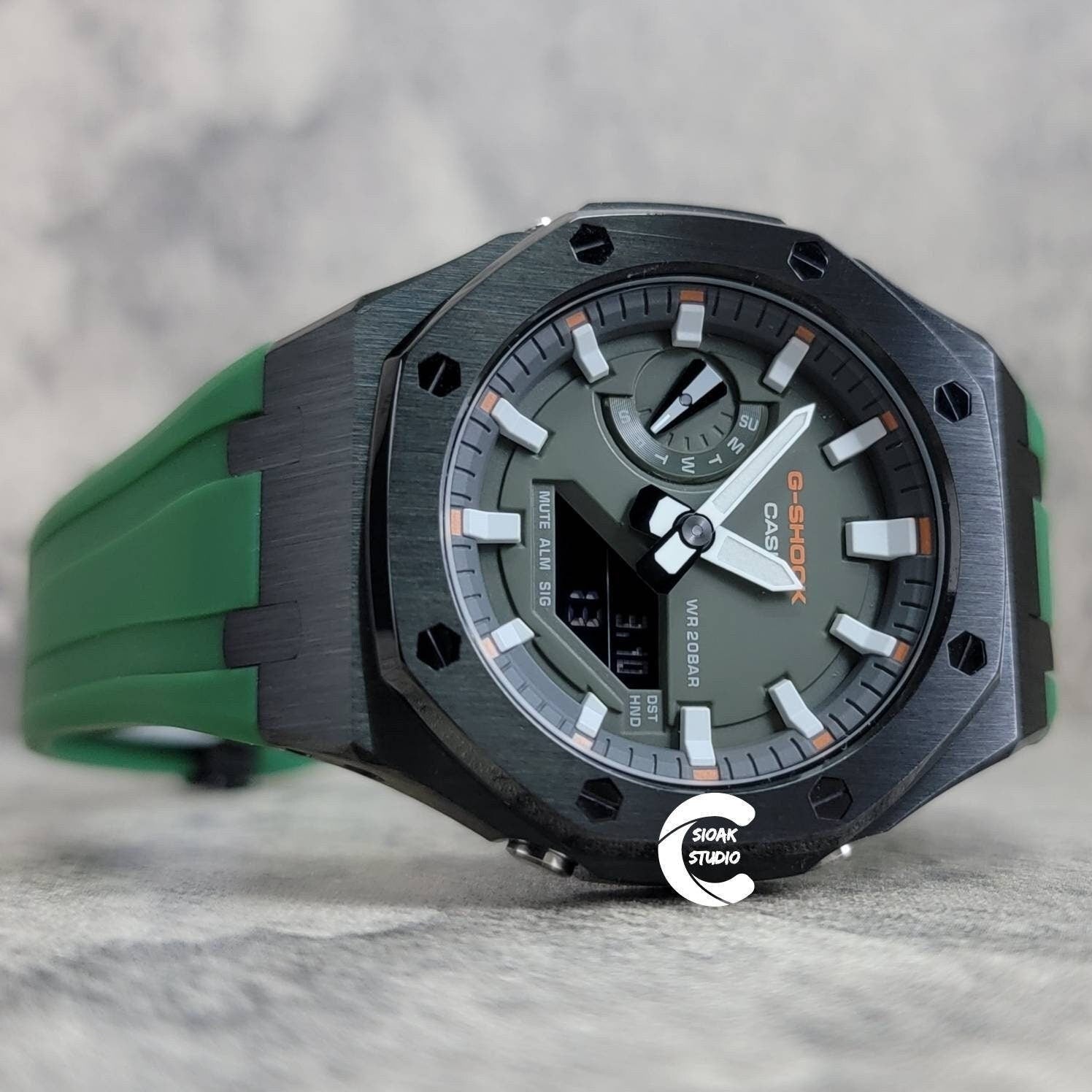 Casioak Mod Watch Black Case Green Rubber Strap Black White Time Mark Olive Dial 44mm- Casioak Mod Casio G-Shock Royal Oak Custom Mens Luxury Watches Ga2100