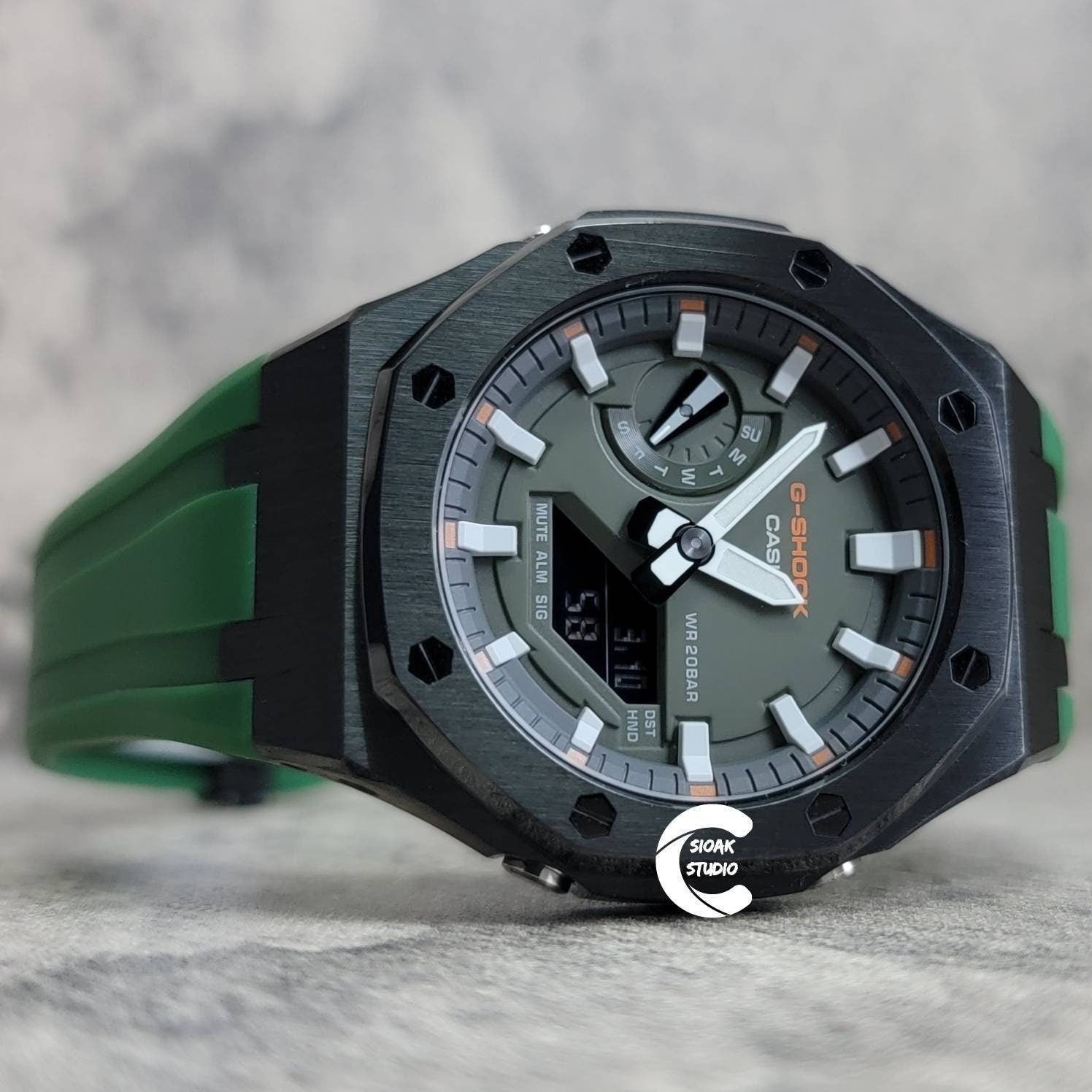 Casioak Mod Watch Black Case Green Rubber Strap Black White Time Mark Olive Dial 44mm- Casioak Mod Casio G-Shock Royal Oak Custom Mens Luxury Watches Ga2100