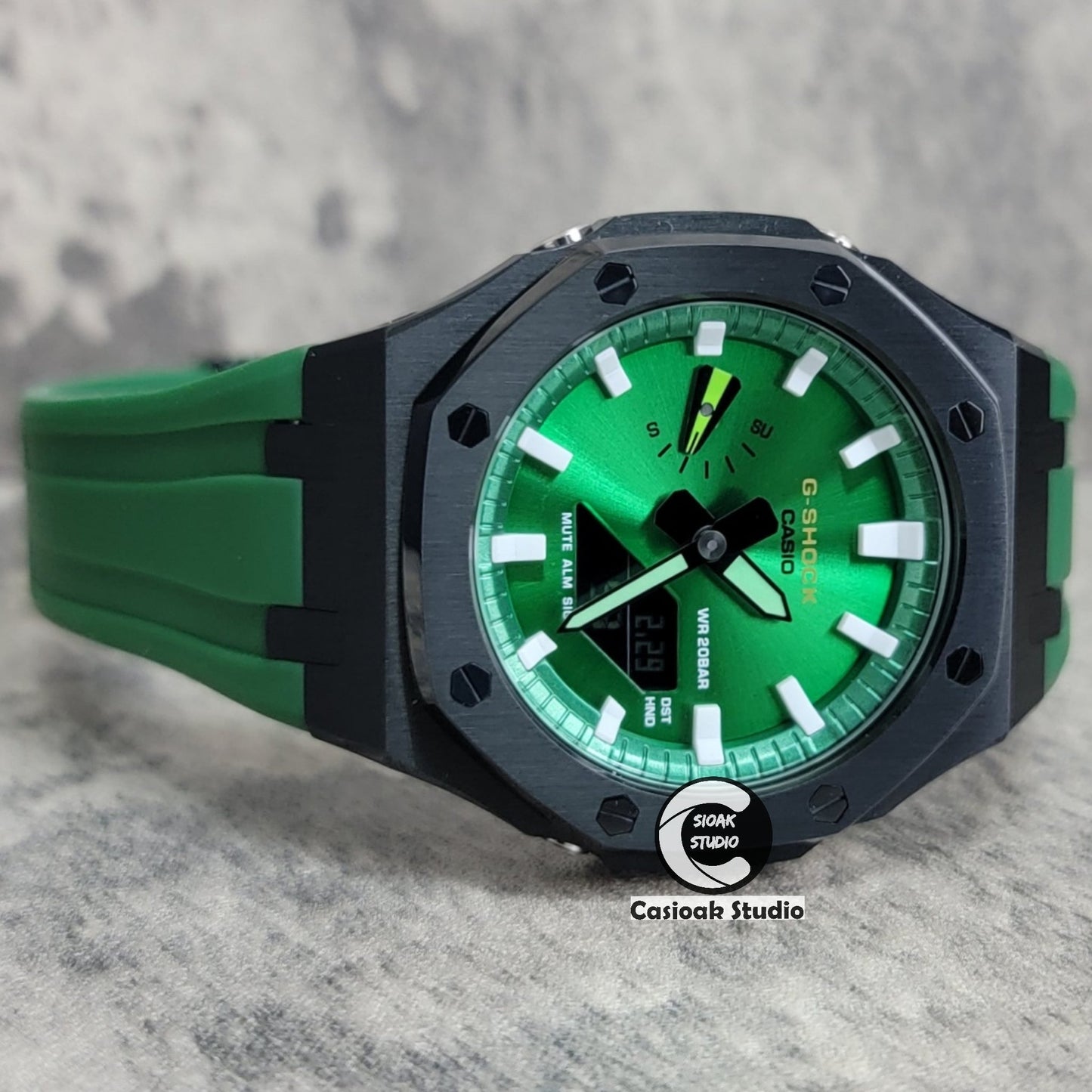 Casioak Mod Watch Black Case Green Rubber Strap Green White Time Mark Green Dial 44mm- Casioak Mod Casio G-Shock Royal Oak Custom Mens Luxury Watches Ga2100