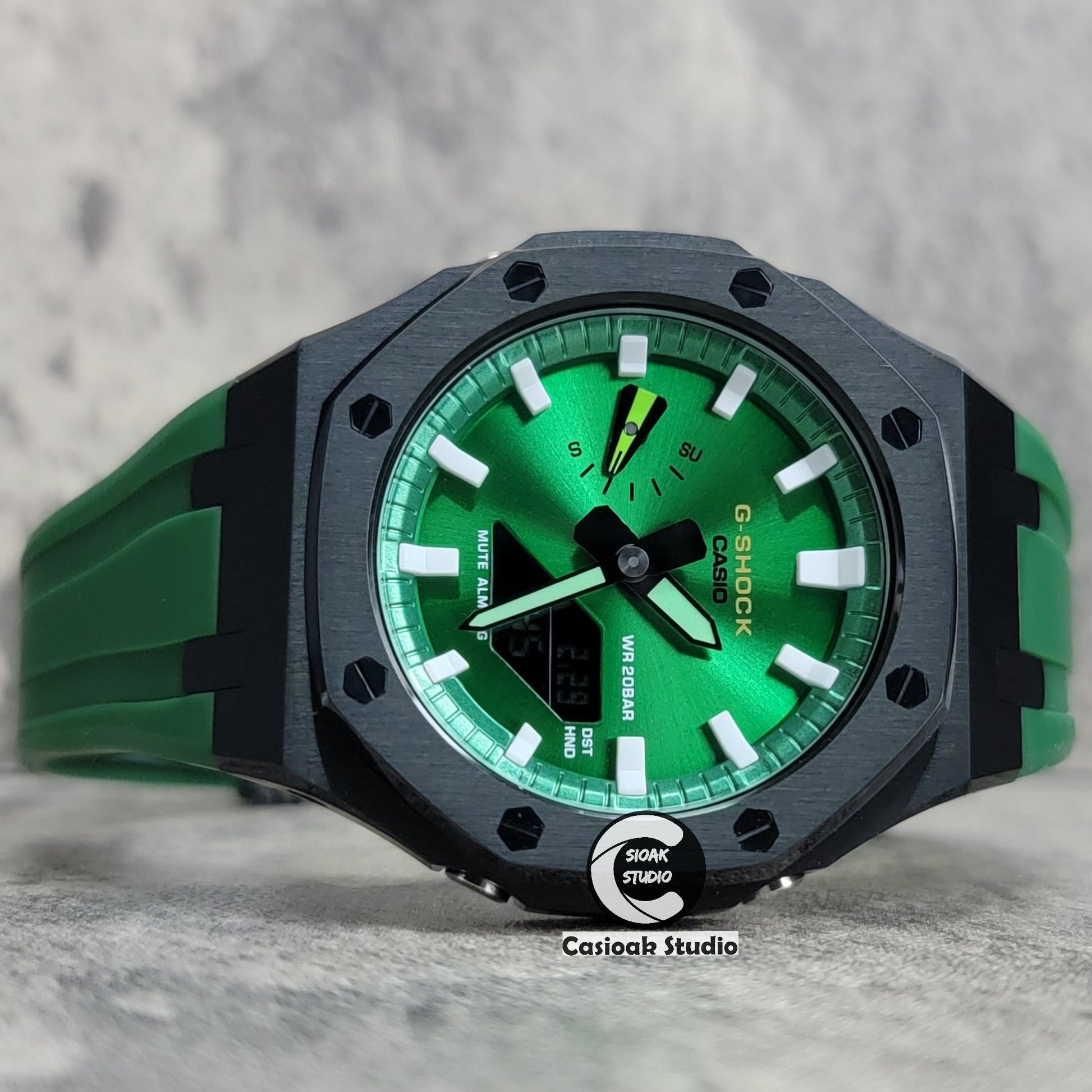 Casioak Mod Watch Black Case Green Rubber Strap Green White Time Mark Green Dial 44mm- Casioak Mod Casio G-Shock Royal Oak Custom Mens Luxury Watches Ga2100