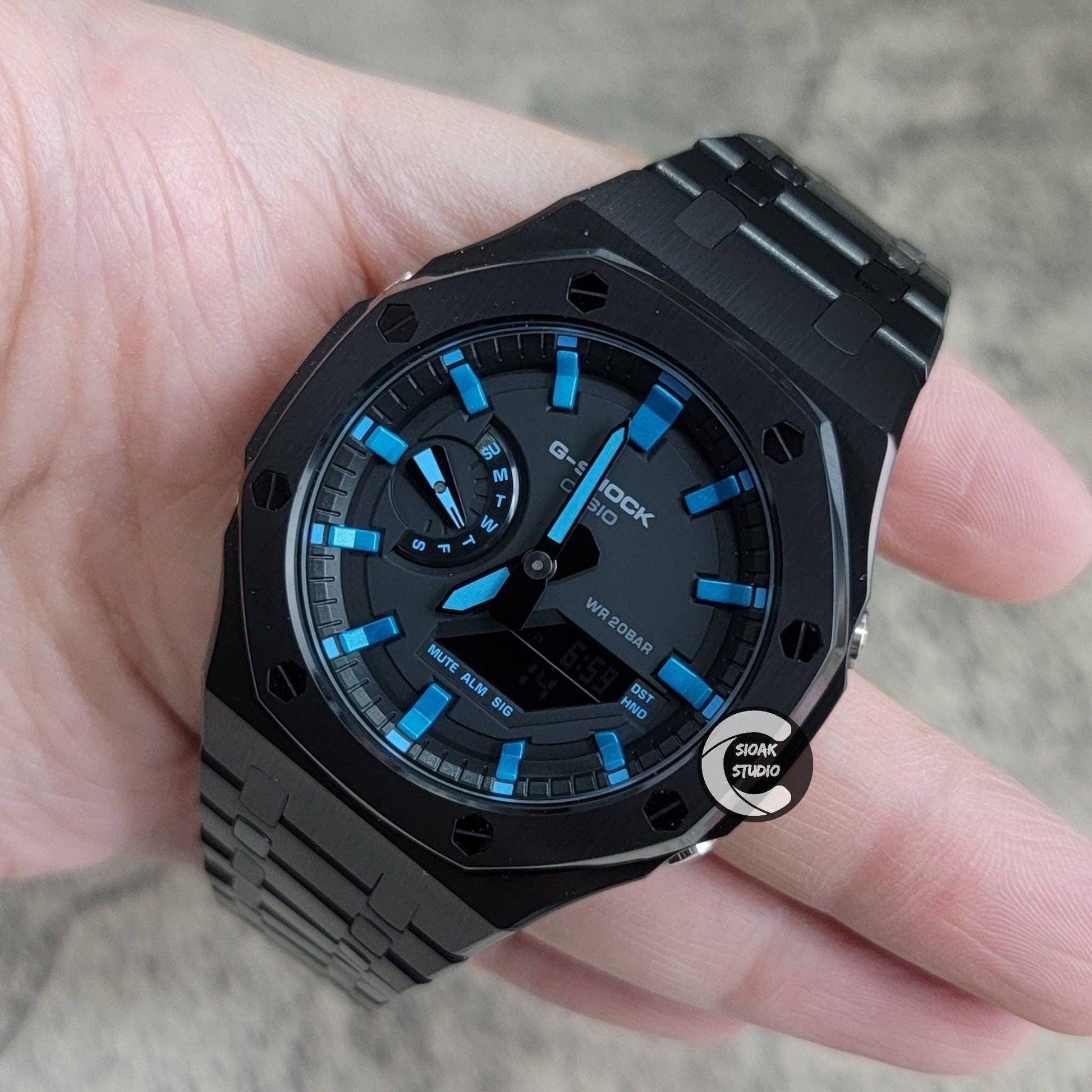 Casioak Mod Watch Black Case Metal Strap Black Blue Time Mark Black Dial 44mm- Casioak Mod Casio G-Shock Royal Oak Custom Mens Luxury Watches Ga2100