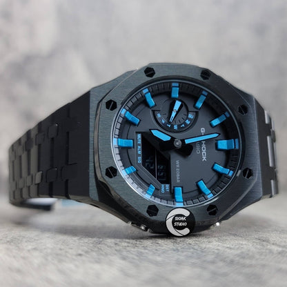 Casioak Mod Watch Black Case Metal Strap Black Blue Time Mark Black Dial 44mm- Casioak Mod Casio G-Shock Royal Oak Custom Mens Luxury Watches Ga2100