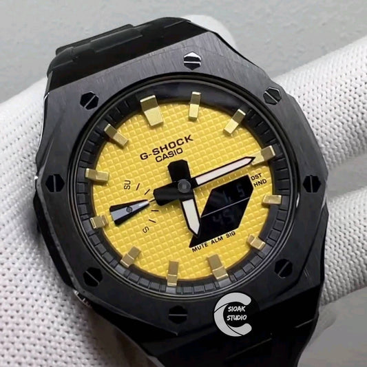 Casioak Mod Watch Black Case Metal Strap Black Gold Time Mark Yellow Dial 44mm- Casioak Mod Casio G-Shock Royal Oak Custom Mens Luxury Watches Ga2100