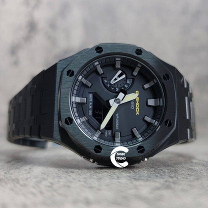 Casioak Mod Watch Black Case Metal Strap Black Gray Time Mark Black Dial 44mm- Casioak Mod Casio G-Shock Royal Oak Custom Mens Luxury Watches Ga2100