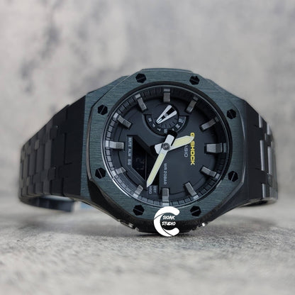 Casioak Mod Watch Black Case Metal Strap Black Gray Time Mark Black Dial 44mm- Casioak Mod Casio G-Shock Royal Oak Custom Mens Luxury Watches Ga2100