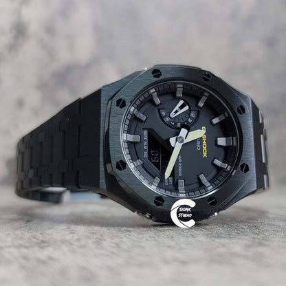 Casioak Mod Watch Black Case Metal Strap Black Gray Time Mark Black Dial 44mm- Casioak Mod Casio G-Shock Royal Oak Custom Mens Luxury Watches Ga2100