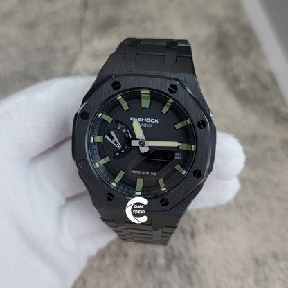 Casioak Mod Watch Black Case Metal Strap Black Green Time Mark Black Dial 44mm- Casioak Mod Casio G-Shock Royal Oak Custom Mens Luxury Watches Ga2100