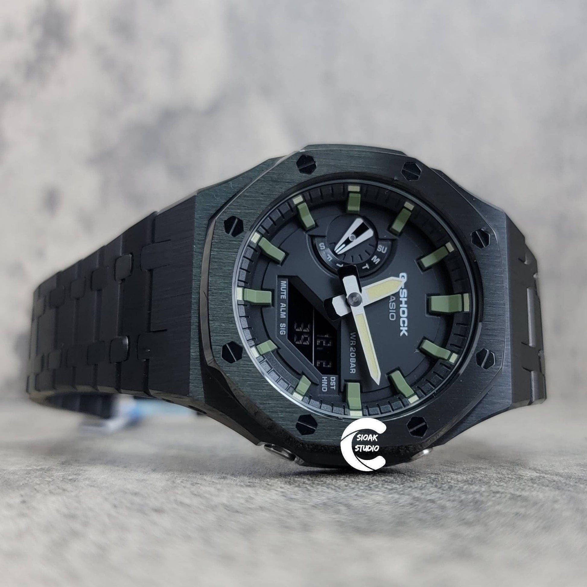 Casioak Mod Watch Black Case Metal Strap Black Green Time Mark Black Dial 44mm- Casioak Mod Casio G-Shock Royal Oak Custom Mens Luxury Watches Ga2100