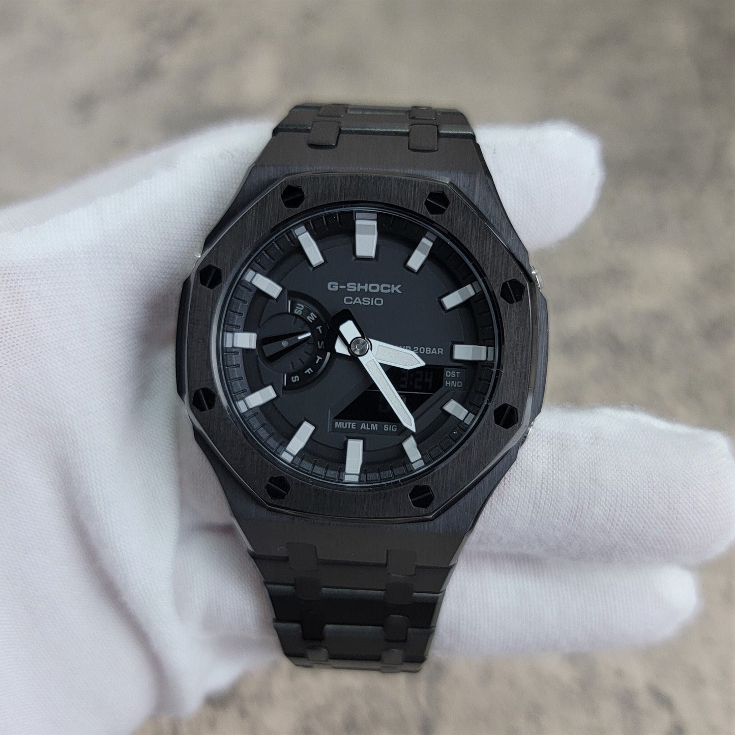 Casioak Mod Watch Black Case Metal Strap Black Light Gray Time Mark Black Dial 44mm- Casioak Mod Casio G-Shock Royal Oak Custom Mens Luxury Watches Ga2100