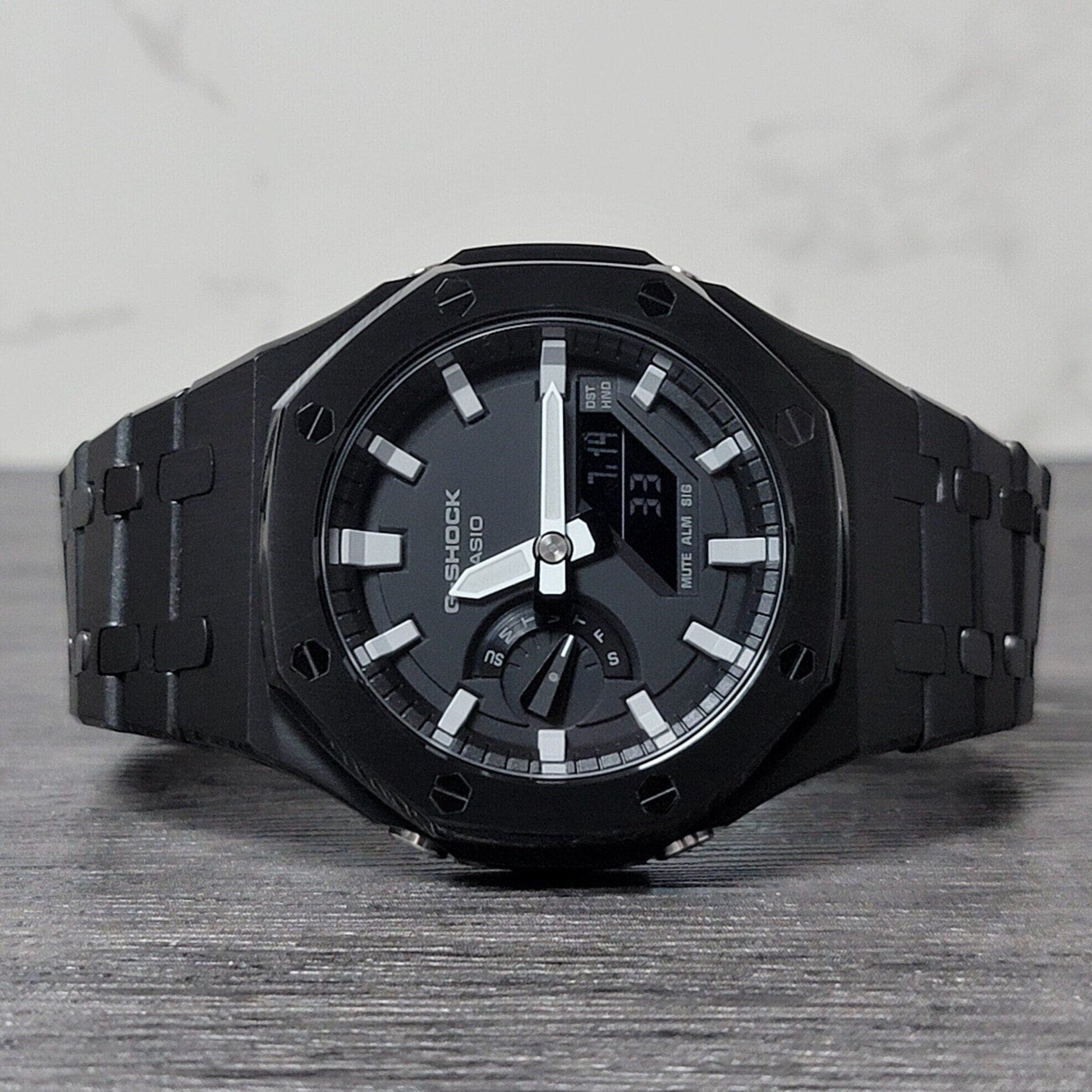 Casioak Mod Watch Black Case Metal Strap Black Light Gray Time Mark Black Dial 44mm- Casioak Mod Casio G-Shock Royal Oak Custom Mens Luxury Watches Ga2100