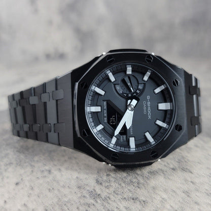 Casioak Mod Watch Black Case Metal Strap Black Light Gray Time Mark Black Dial 44mm- Casioak Mod Casio G-Shock Royal Oak Custom Mens Luxury Watches Ga2100