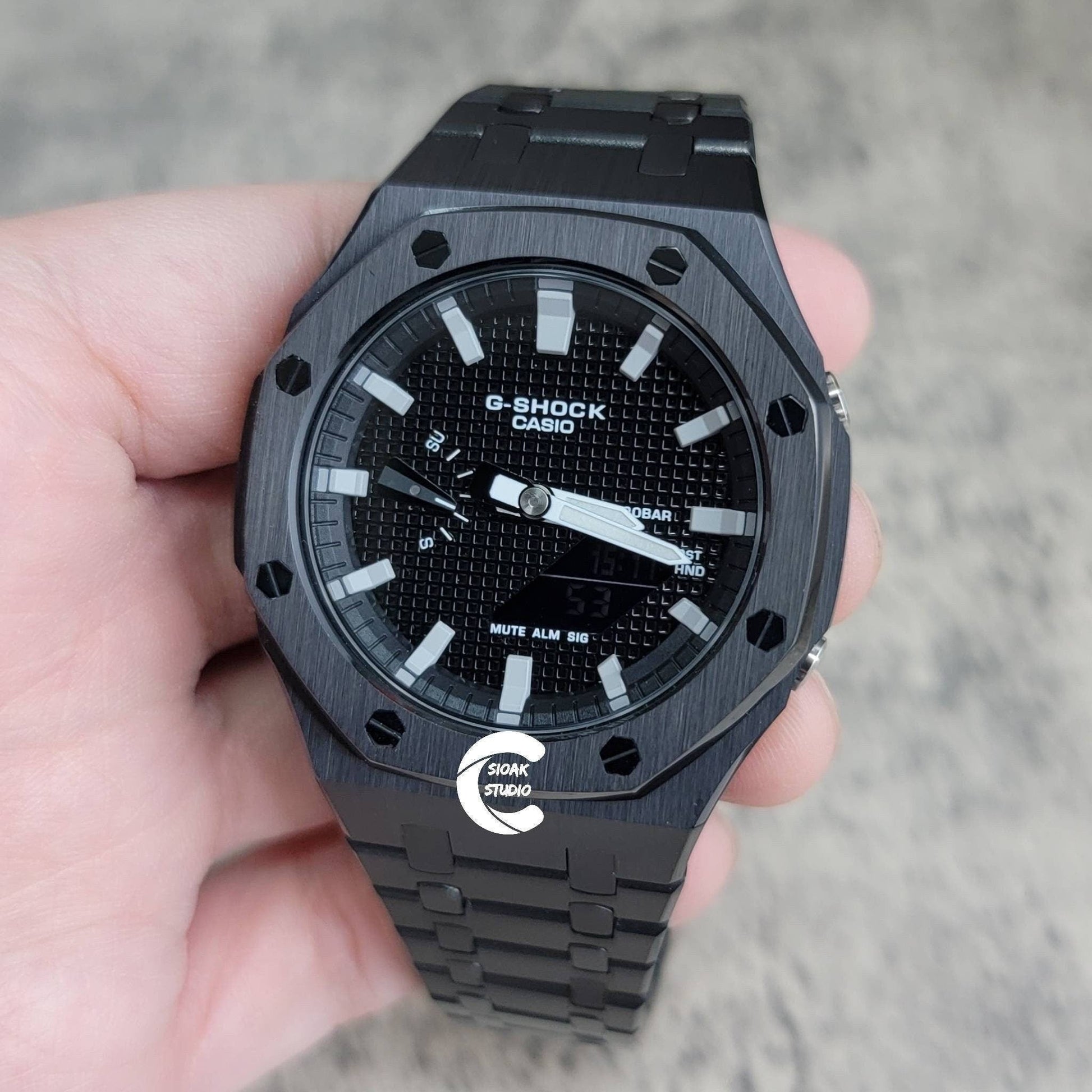 Casioak Mod Watch Black Case Metal Strap Black Light Gray Time Mark Black Waffle Dial 44mm- Casioak Mod Casio G-Shock Royal Oak Custom Mens Luxury Watches Ga2100