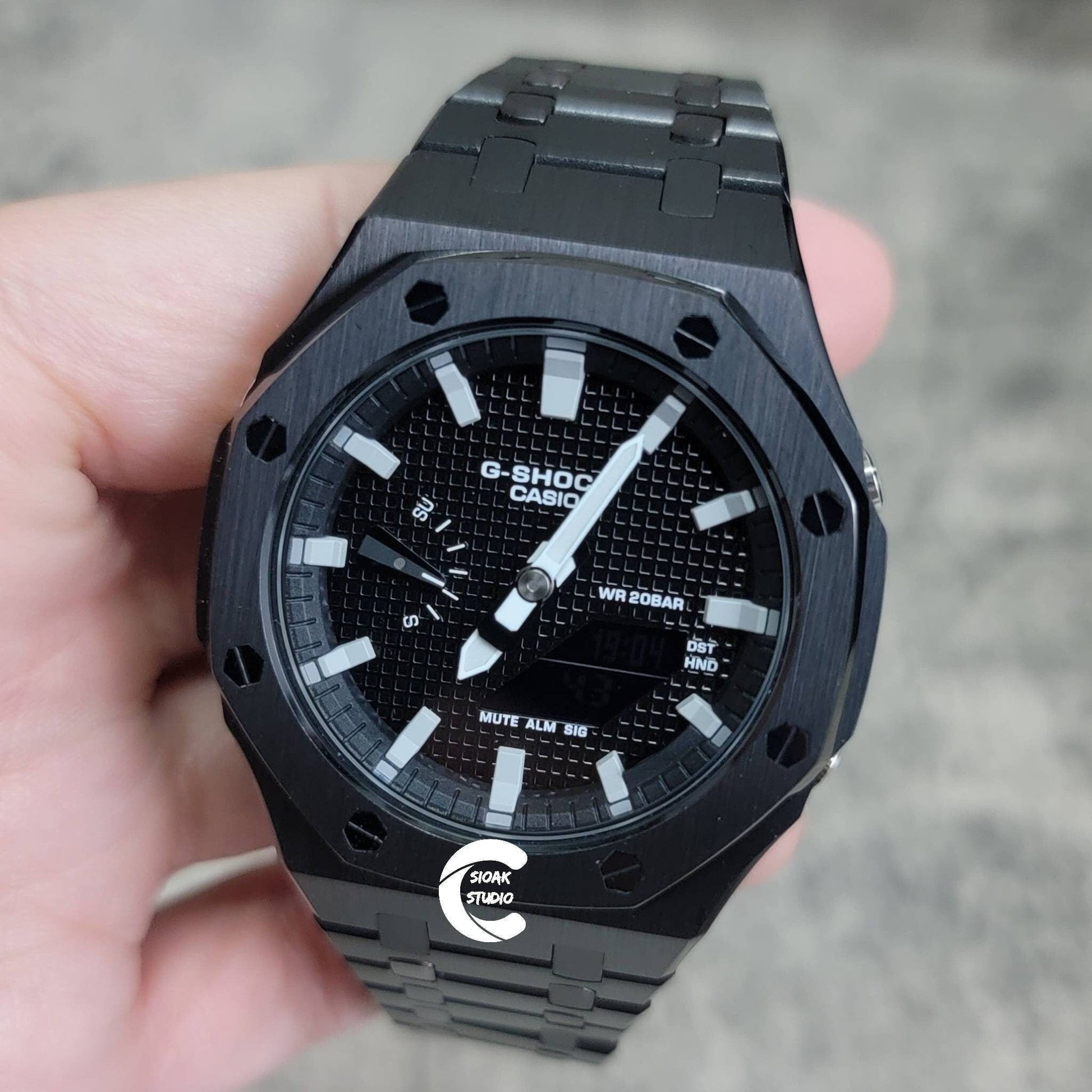 Casioak Mod Watch Black Case Metal Strap Black Light Gray Time Mark Black Waffle Dial 44mm- Casioak Mod Casio G-Shock Royal Oak Custom Mens Luxury Watches Ga2100