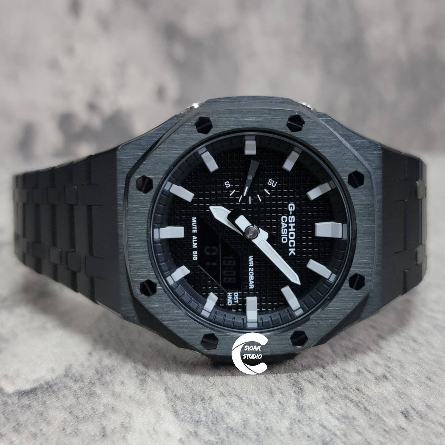 Casioak Mod Watch Black Case Metal Strap Black Light Gray Time Mark Black Waffle Dial 44mm- Casioak Mod Casio G-Shock Royal Oak Custom Mens Luxury Watches Ga2100