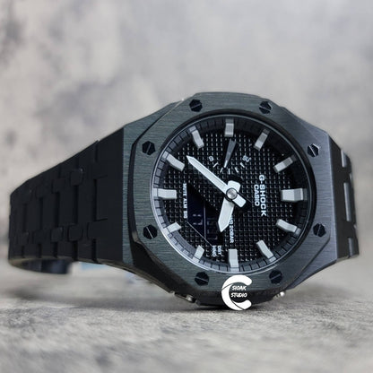 Casioak Mod Watch Black Case Metal Strap Black Light Gray Time Mark Black Waffle Dial 44mm- Casioak Mod Casio G-Shock Royal Oak Custom Mens Luxury Watches Ga2100