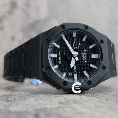 Casioak Mod Watch Black Case Metal Strap Black Light Gray Time Mark Black Waffle Dial 44mm- Casioak Mod Casio G-Shock Royal Oak Custom Mens Luxury Watches Ga2100