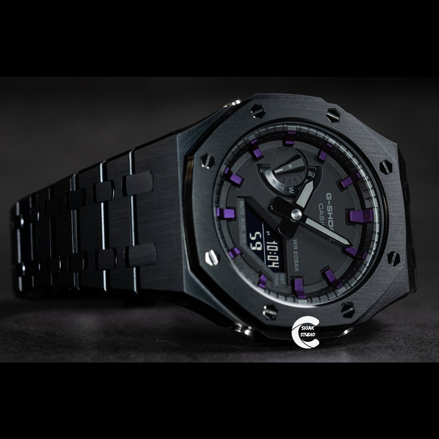 Casioak Mod Watch Black Case Metal Strap Black Purple Time Mark Black Dial 44mm- Casioak Mod Casio G-Shock Royal Oak Custom Mens Luxury Watches Ga2100