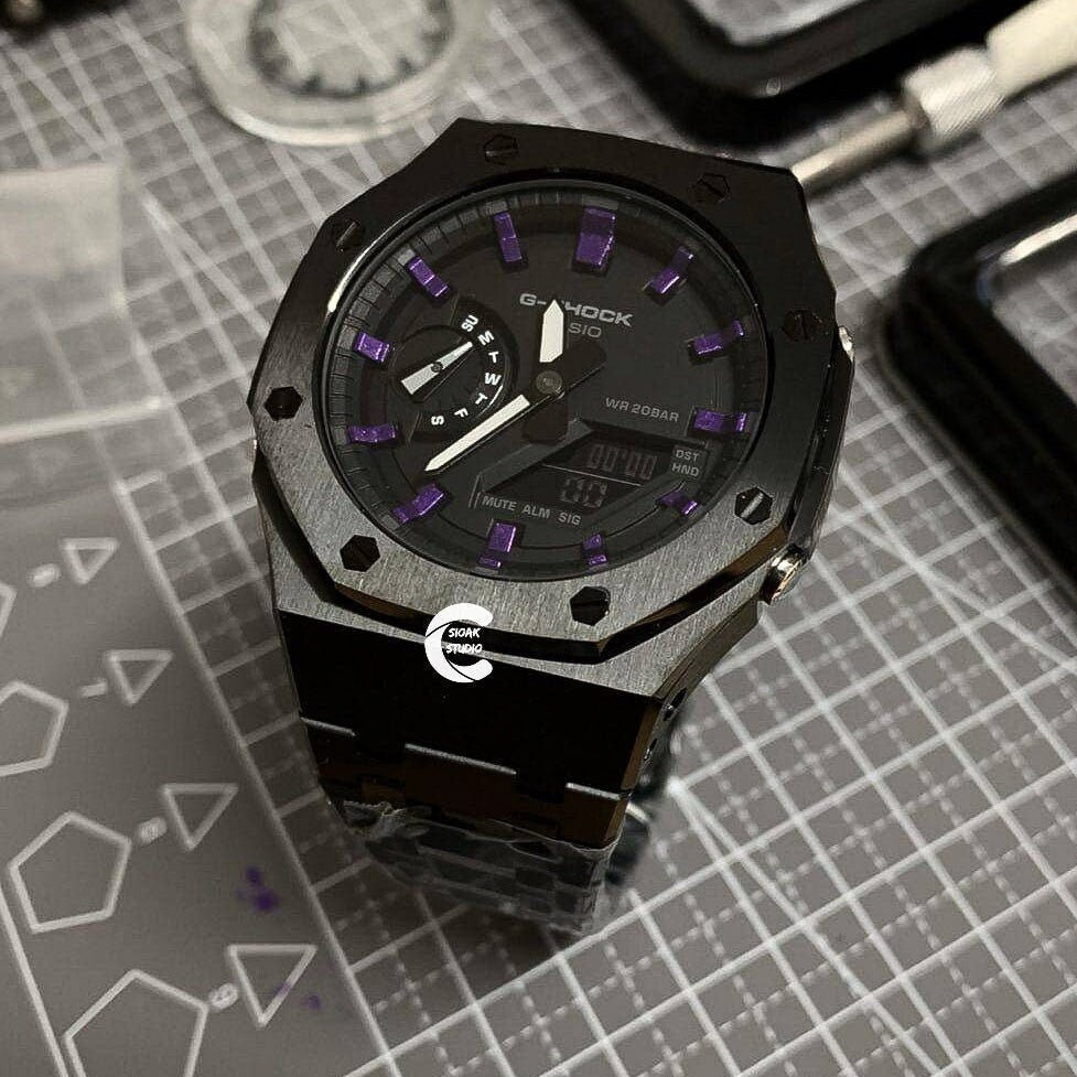 Casioak Mod Watch Black Case Metal Strap Black Purple Time Mark Black Dial 44mm- Casioak Mod Casio G-Shock Royal Oak Custom Mens Luxury Watches Ga2100