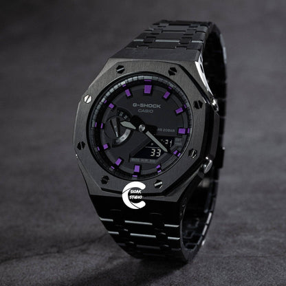 Casioak Mod Watch Black Case Metal Strap Black Purple Time Mark Black Dial 44mm- Casioak Mod Casio G-Shock Royal Oak Custom Mens Luxury Watches Ga2100