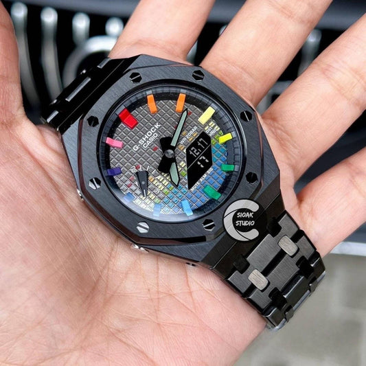 Casioak Mod Watch Black Case Metal Strap Black Rainbow Time Mark Music Dial 44mm- Casioak Mod Casio G-Shock Royal Oak Custom Mens Luxury Watches Ga2100