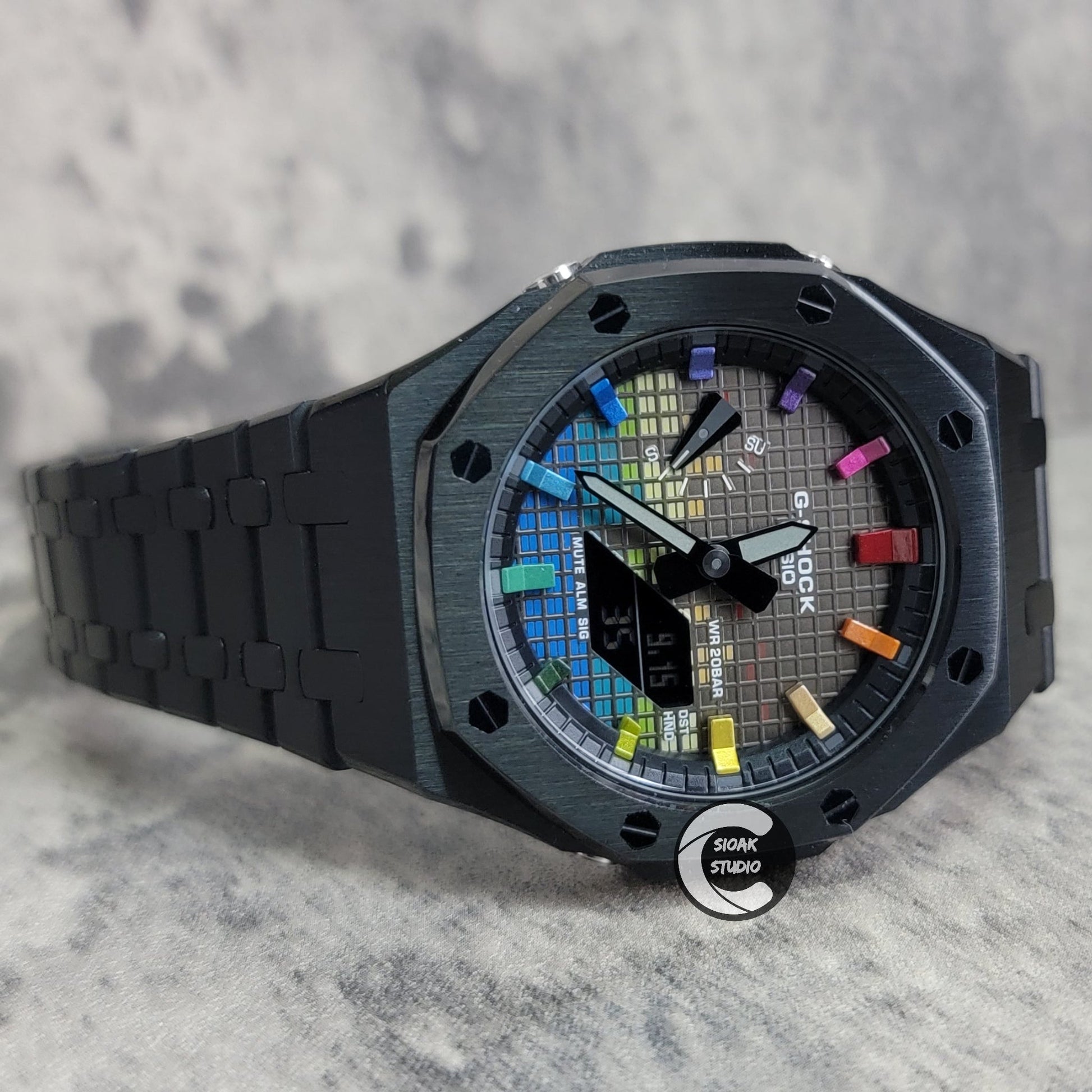 Casioak Mod Watch Black Case Metal Strap Black Rainbow Time Mark Music Dial 44mm- Casioak Mod Casio G-Shock Royal Oak Custom Mens Luxury Watches Ga2100