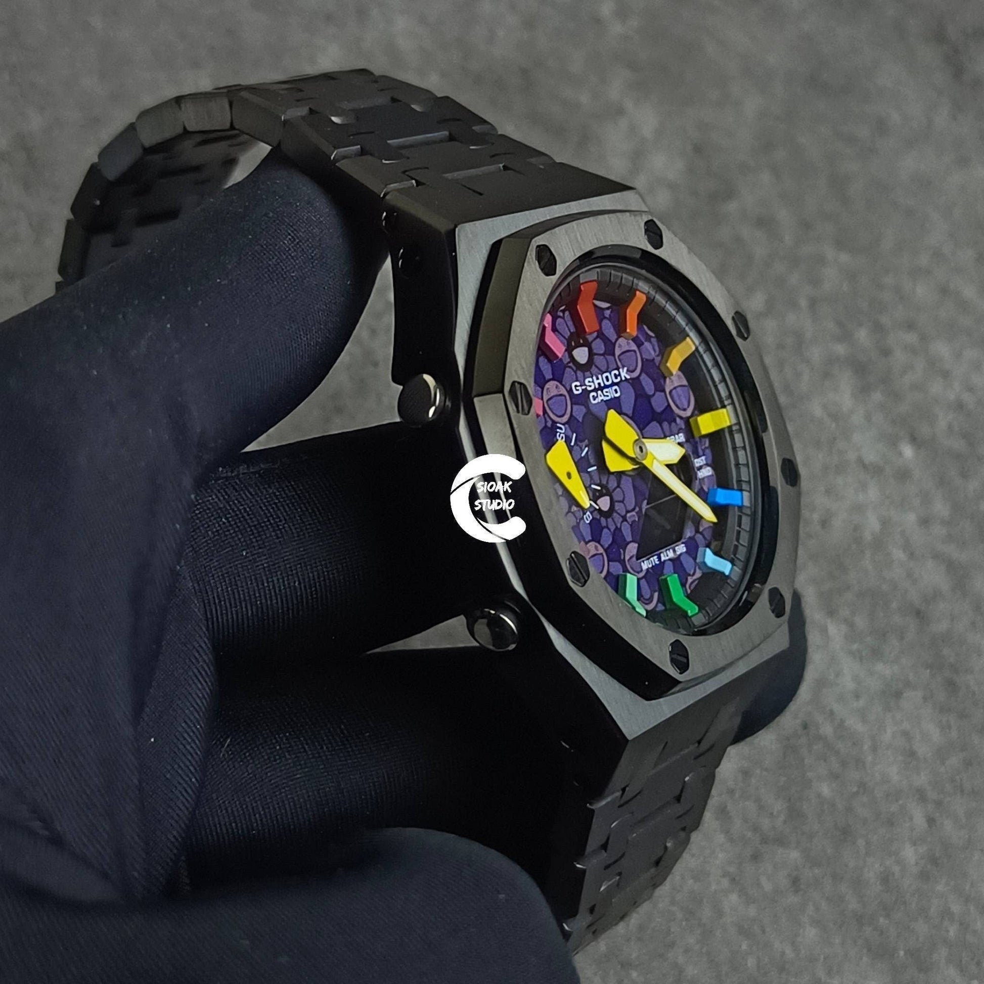 Casioak Mod Watch Black Case Metal Strap Black Rainbow Time Mark Takashi Murakami Dial 44mm- Casioak Mod Casio G-Shock Royal Oak Custom Mens Luxury Watches Ga2100