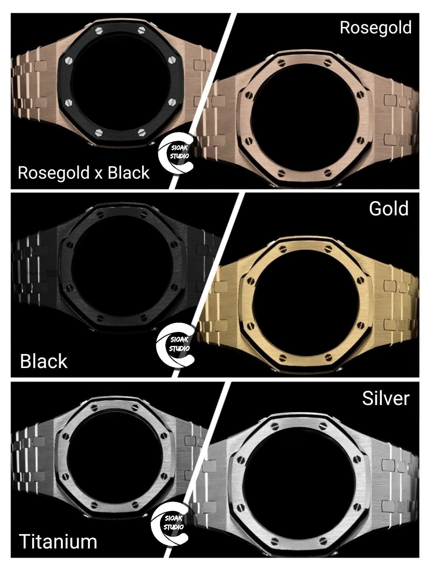 Casioak Mod Watch Black Case Metal Strap Black Rose Gold Time Mark Black Dial 42mm- Casioak Mod Casio G-Shock Royal Oak Custom Mens Luxury Watches Ga2100